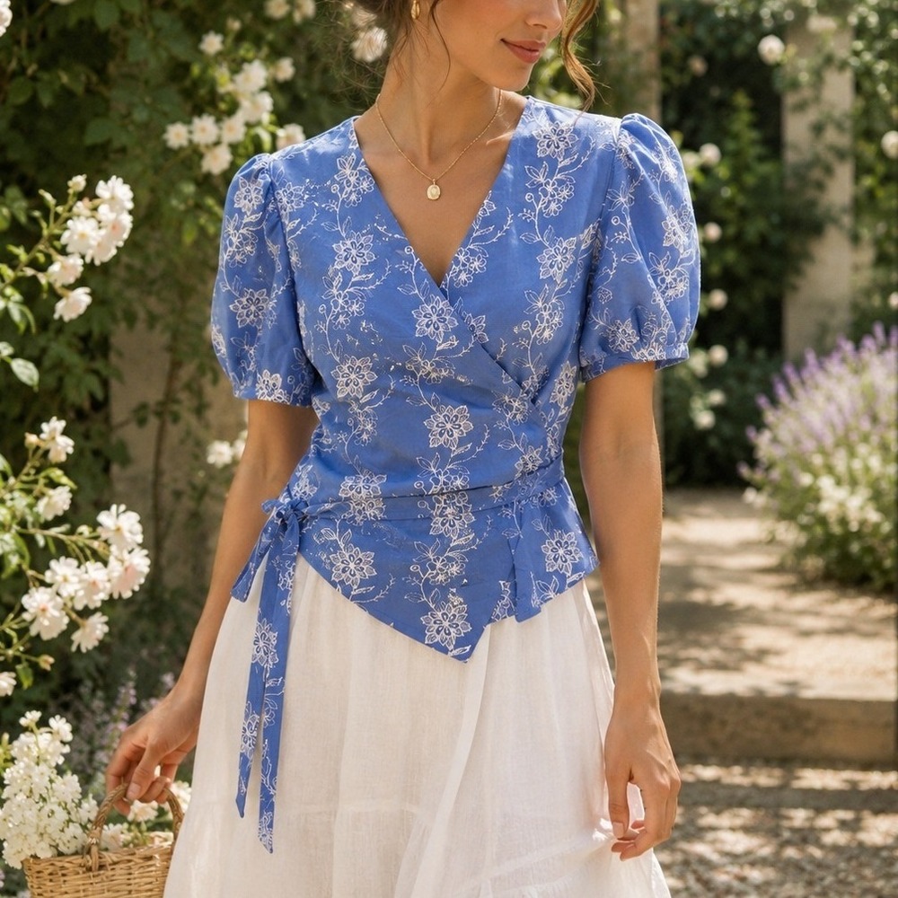 Blue White Floral Embroidered Wrap Top Puff Sleeve Short Sleeve Tie Waist V-Neck